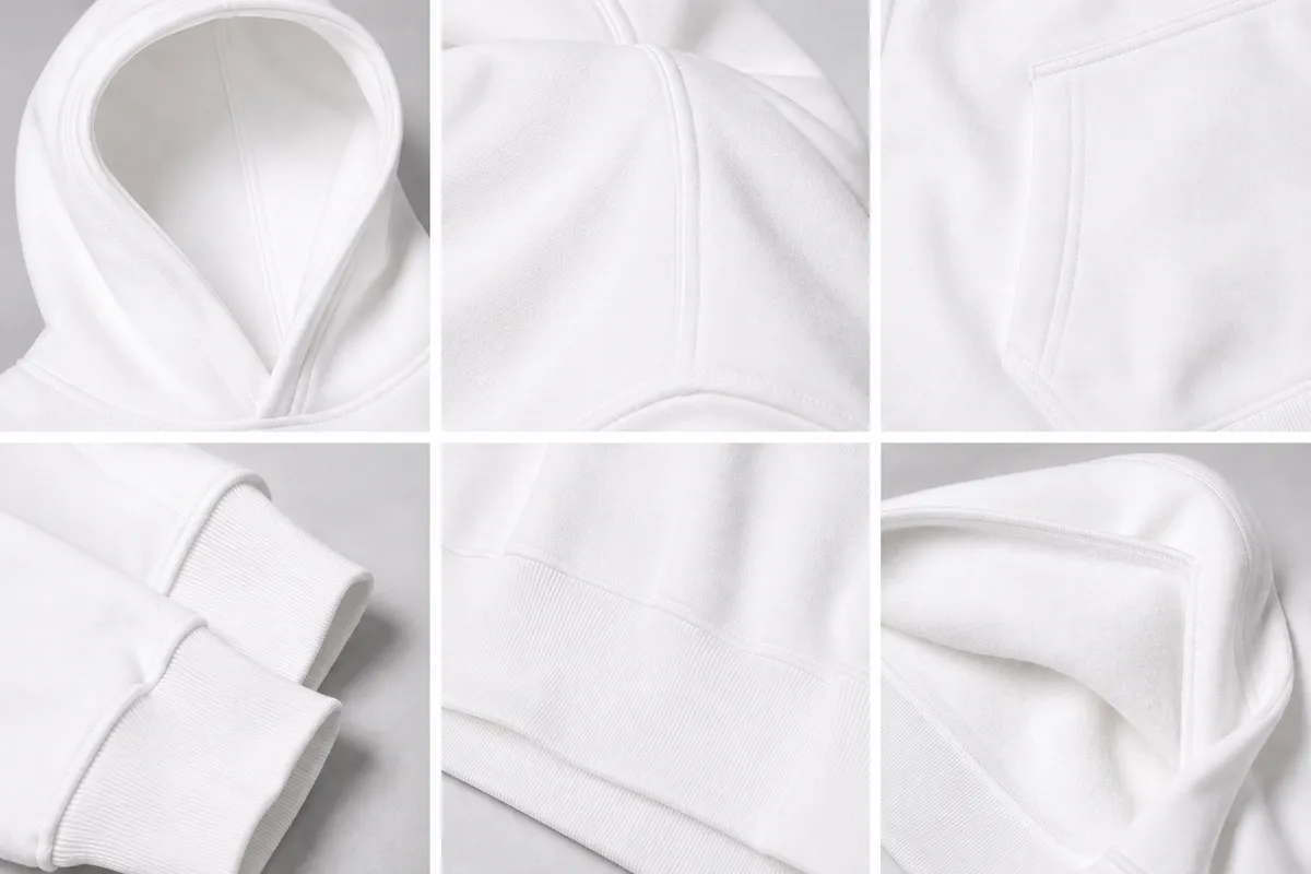 Close-up details of a white hoodie